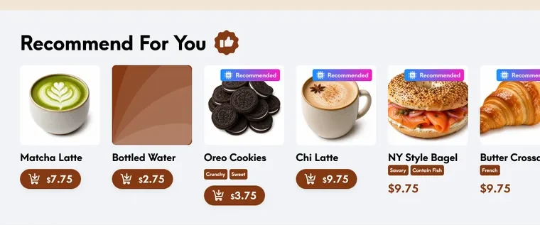 A kiosk cart showing the AI’s Recommend For You row — add-ons suggested beside the order