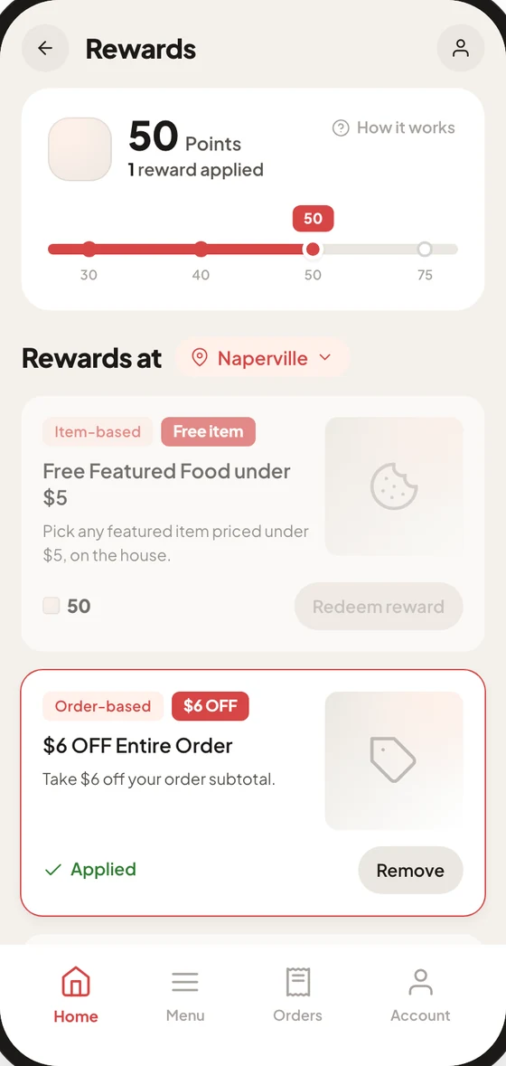 A guest rewards screen — points balance and redeemable rewards